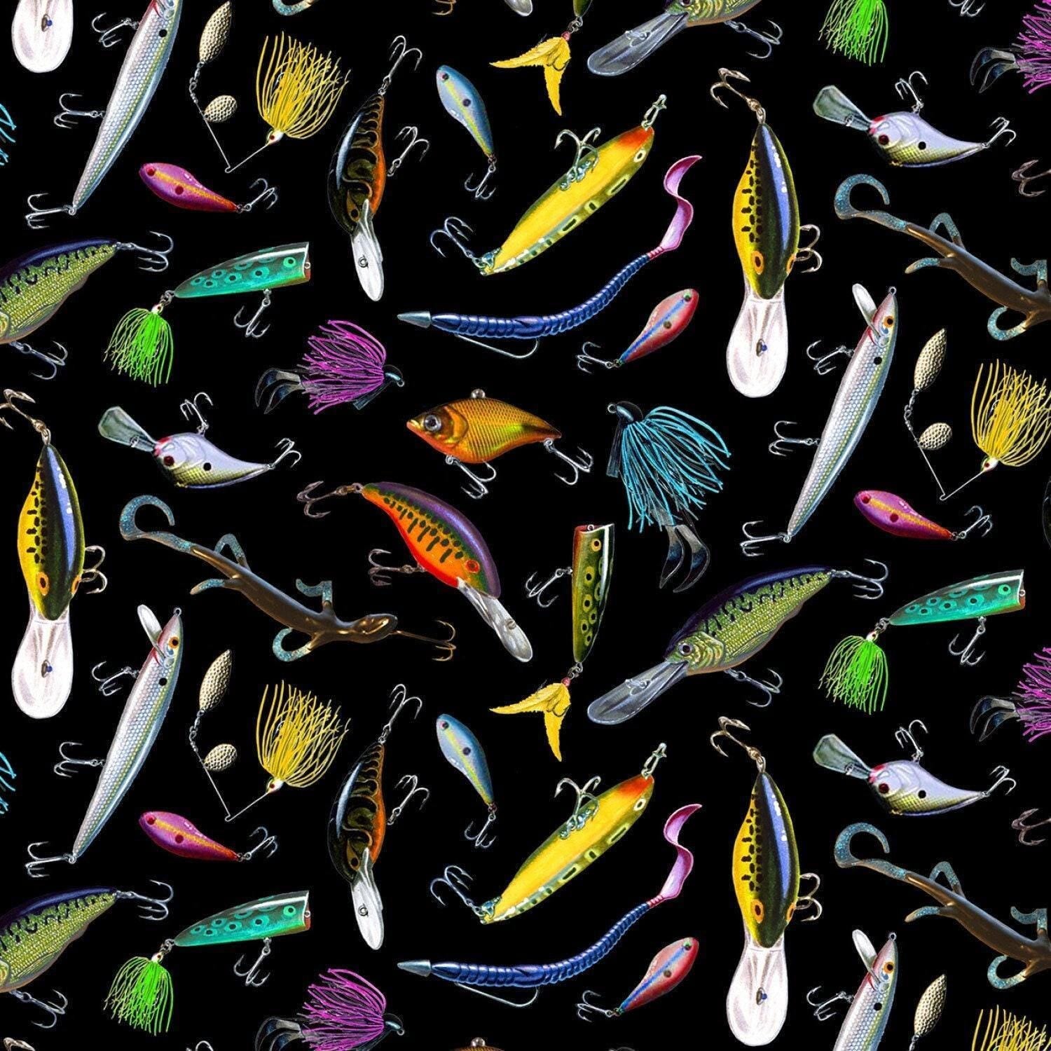 Fishing Lures - Tight Lines collection by Elizabeth&#39;s Studio - 100% Cotton Fabric - Hard lure fishing theme fishing material -SHIPS NEXT DAY
