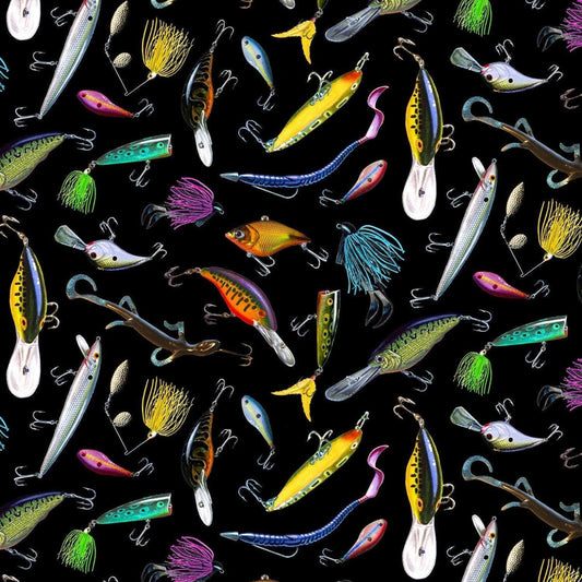 Fishing Lures - Tight Lines collection by Elizabeth&#39;s Studio - 100% Cotton Fabric - Hard lure fishing theme fishing material -SHIPS NEXT DAY