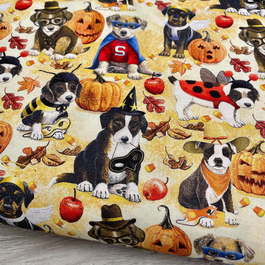 Halloween Dog Fabric - Puppy Masquerade - 100% Cotton - Halloween Trick or Treat Dress Up Costume