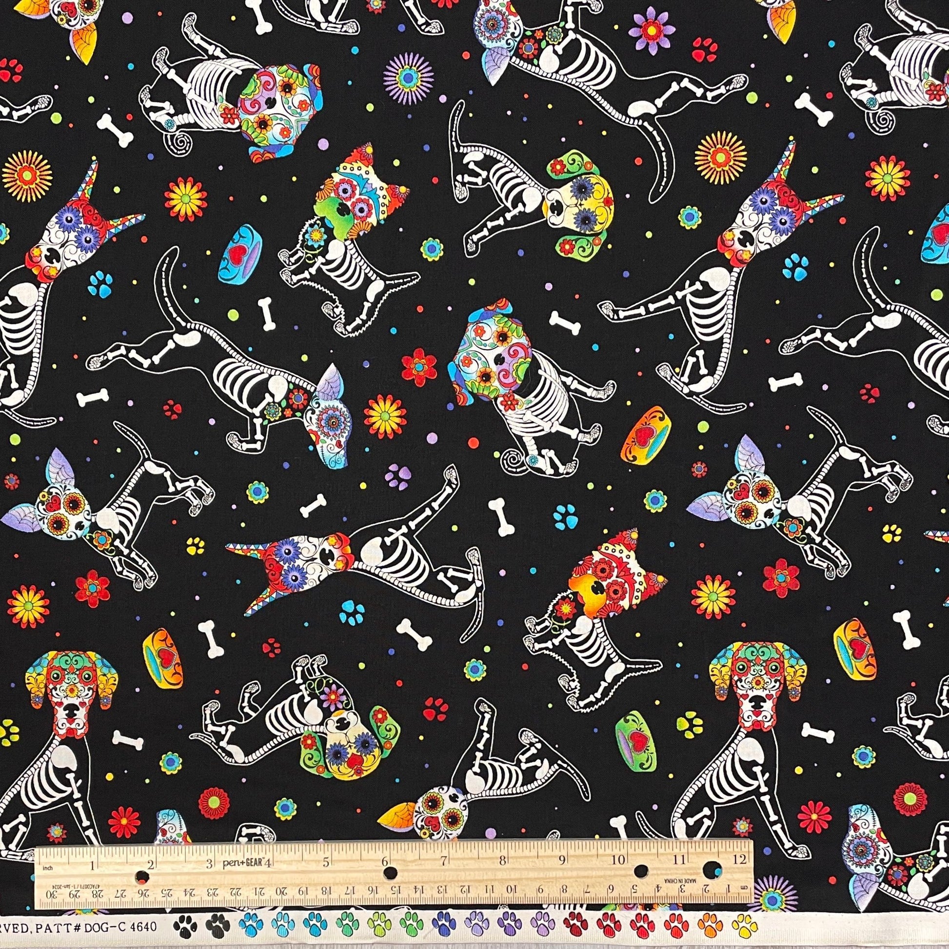 Sugar Skulls Dog Fabric - Day of the Dead Dogs