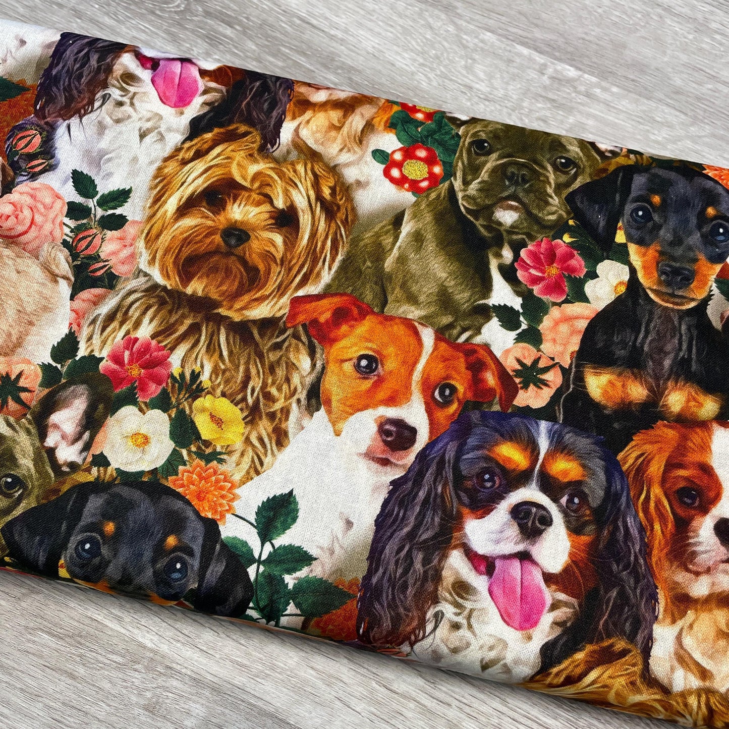 Dog fabric - Dogs & Blooms - 100% Cotton - Yorkie Pug Frenchie Spaniel Jack Russel Terrier