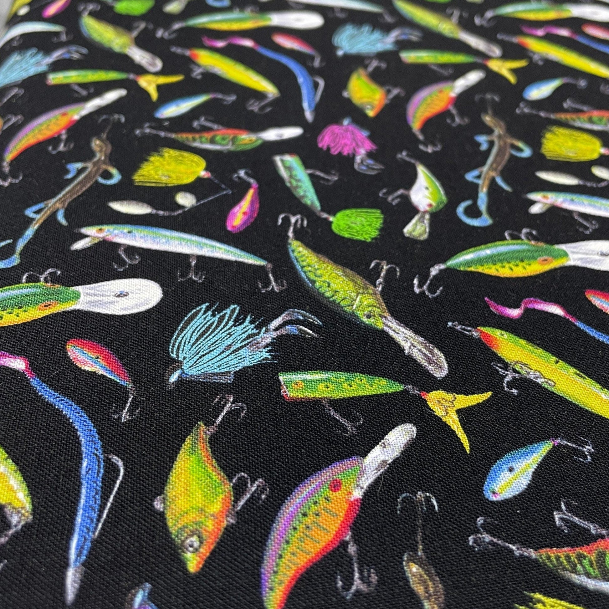 fabric with fishing lures QT Green The Lure of Fishing by the Quarter Yard World Weidner Vintage Fishing Gear and Tackle