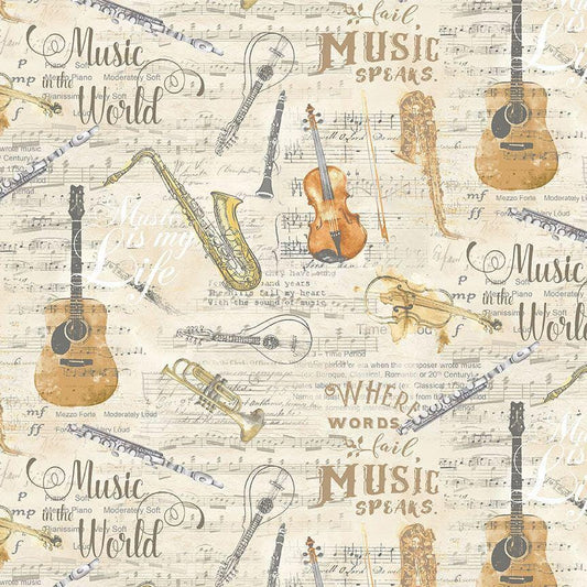 Music Fabric - Music sheets and instruments - 100% Cotton - Timeless Treasures - Band music musician orchestra