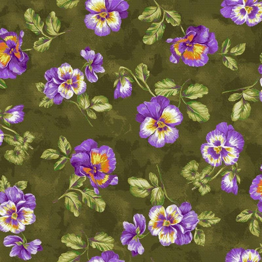 Spring Bouquet Pansy Fabric - Green - Paintbrush Studio - 100% cotton - Pansies