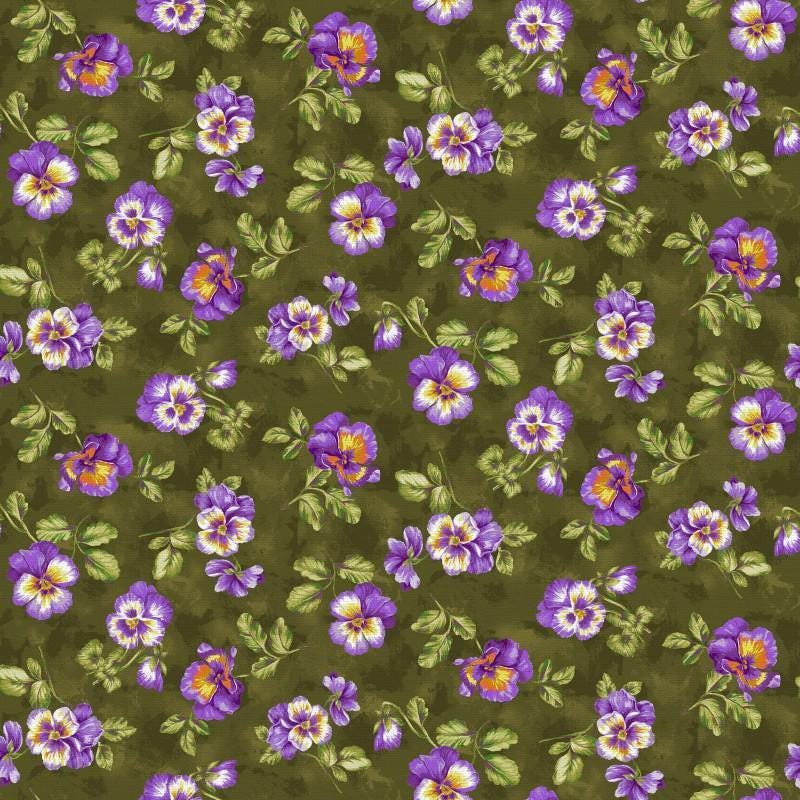Spring Bouquet Pansy Fabric - Green - Paintbrush Studio - 100% cotton - Pansies