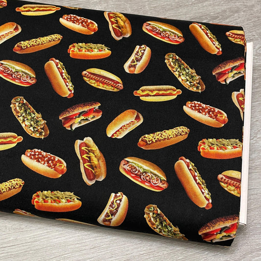 Hot Dog Fabric - Favorite Foods - Elizabeth Studios - 100% Cotton Fabric - Cooking Grilling Picnic Baseball Stadium Food - 702-Black
