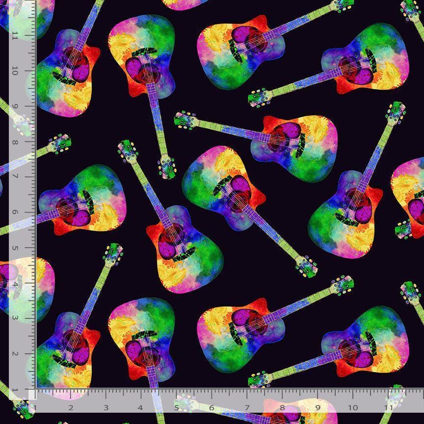Tossed Painted Guitar fabric - 100% Cotton - Timeless Treasures - MUSIC-CD3674 BLACK