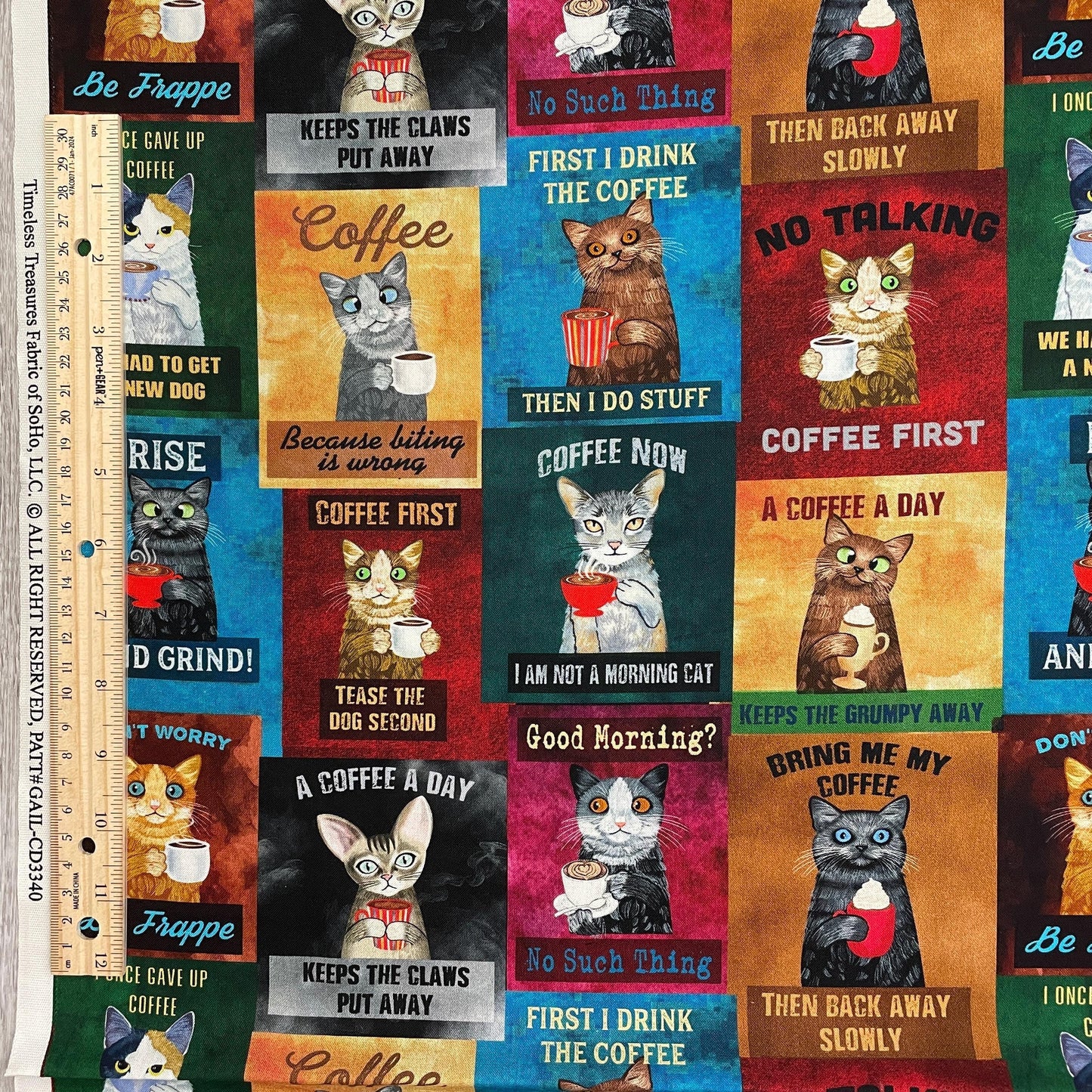 Coffee Cats Fabric - Timeless Treasures - 100% Cotton - Caffeine Cats - Cat Sayings