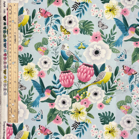 Floral Bird Fabric - Tropical Menagerie - 7380-11 Seaglass - 100% cotton - StudioE