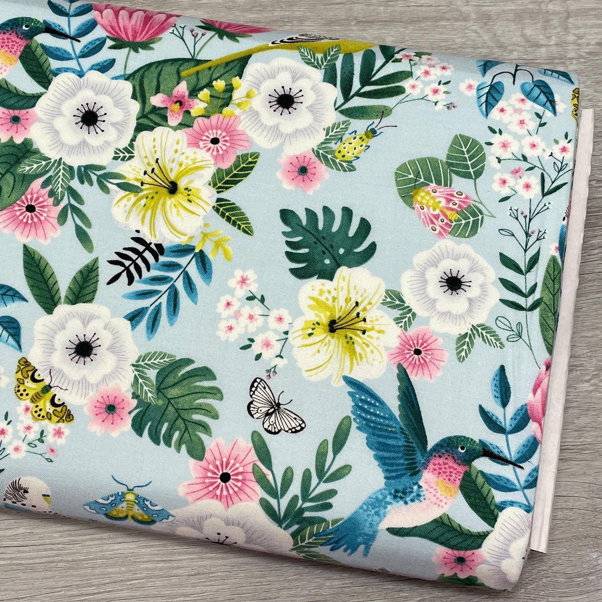 Floral Bird Fabric - Tropical Menagerie - 7380-11 Seaglass - 100% cotton - StudioE