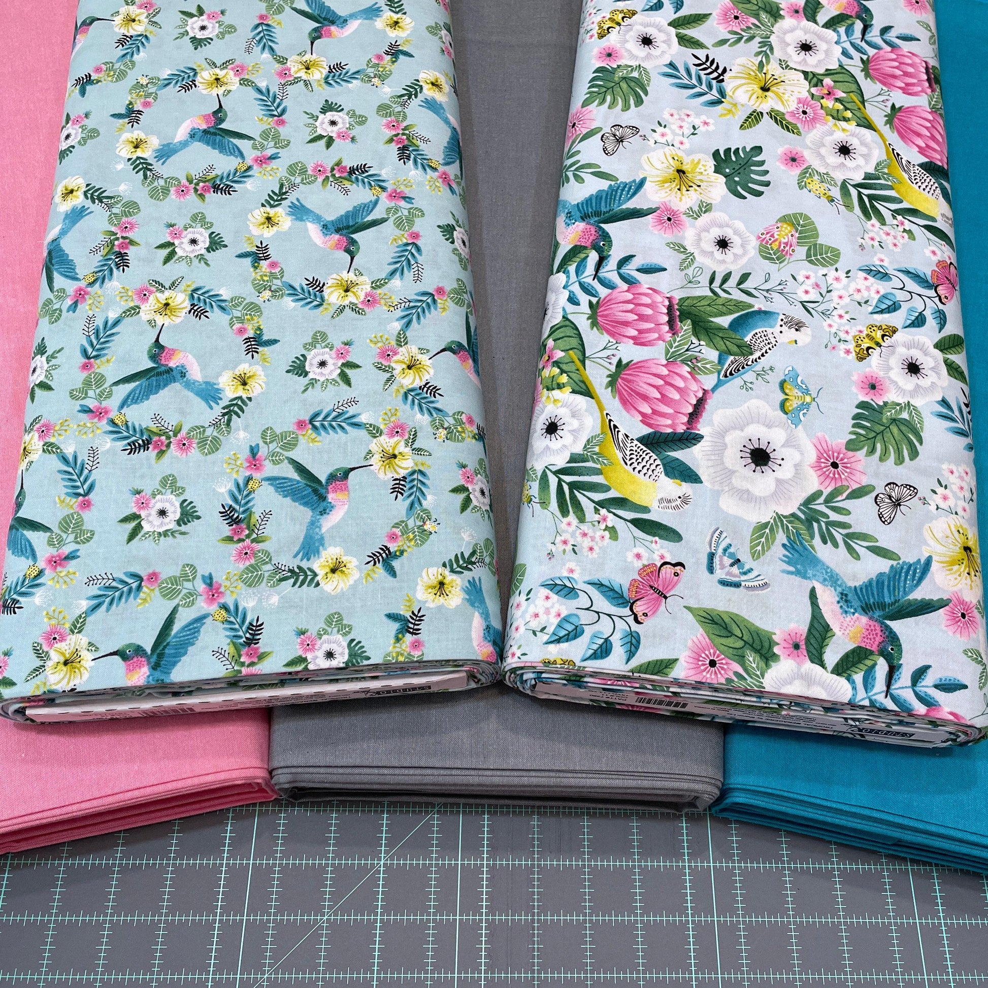 Floral Bird Fabric - Tropical Menagerie - 7380-11 Seaglass - 100% cotton - StudioE