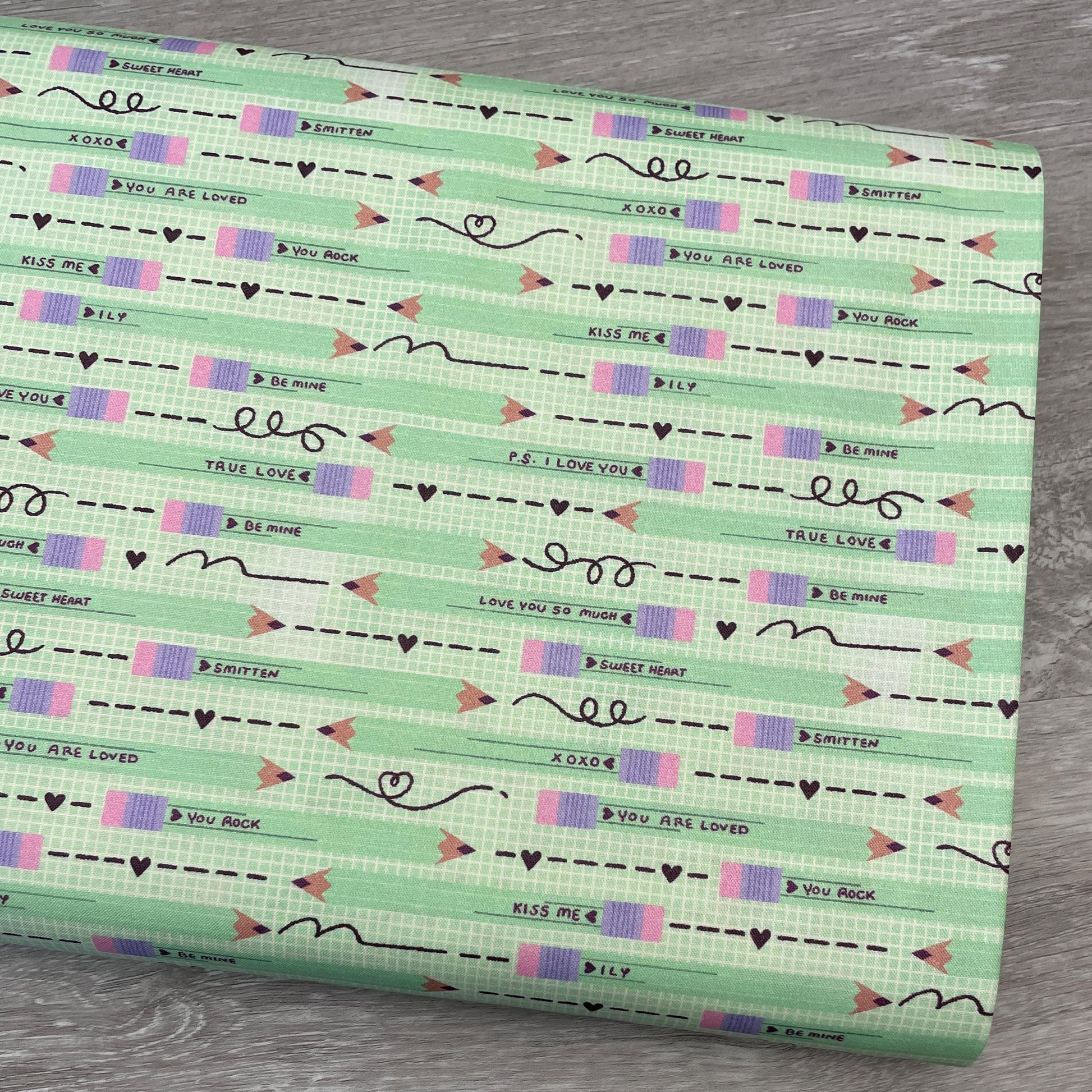 Pencil You in Green - Valentine's Day Fabric - 100% Cotton - Paintbrush Studio Fabrics