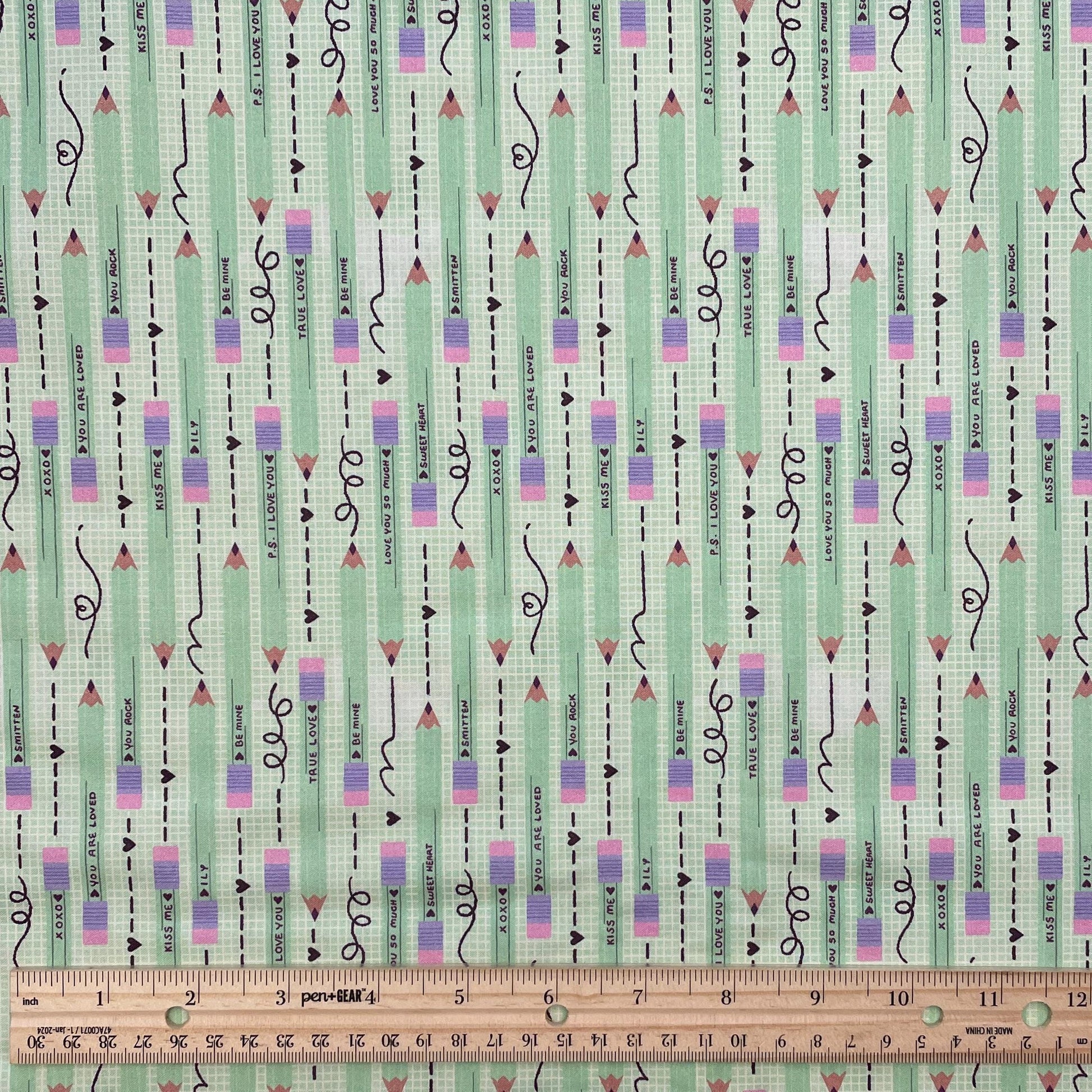 Pencil You in Green - Valentine's Day Fabric - 100% Cotton - Paintbrush Studio Fabrics