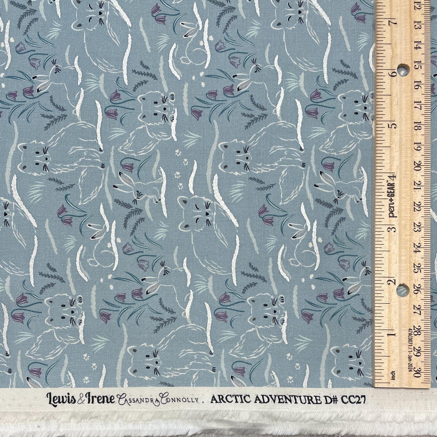 Arctic Fox and Rabbit Fabric - Haring Around on Arctic Blue - 100% Cotton - by Lewis & Irene