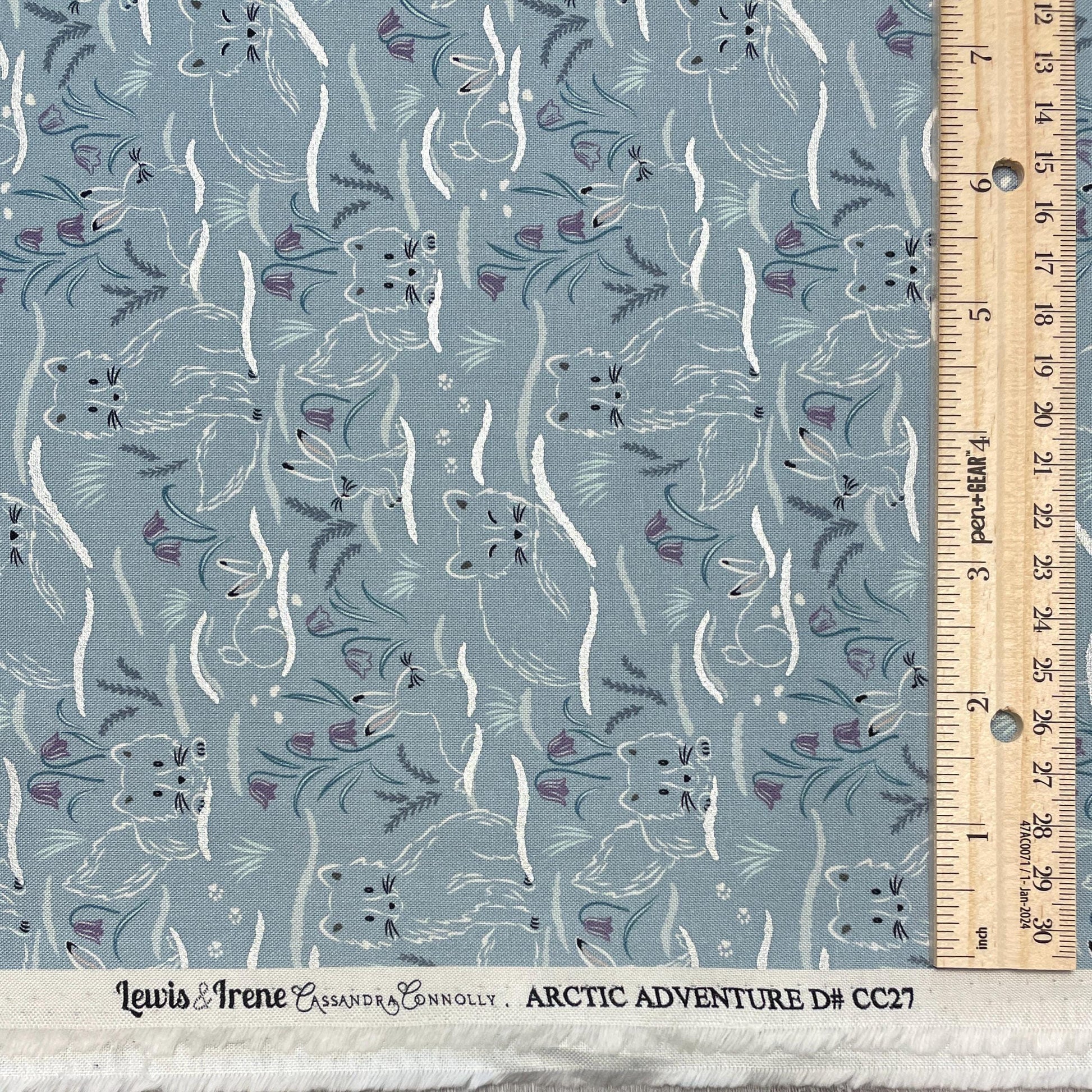 Arctic Fox and Rabbit Fabric - Haring Around on Arctic Blue - 100% Cotton - by Lewis & Irene