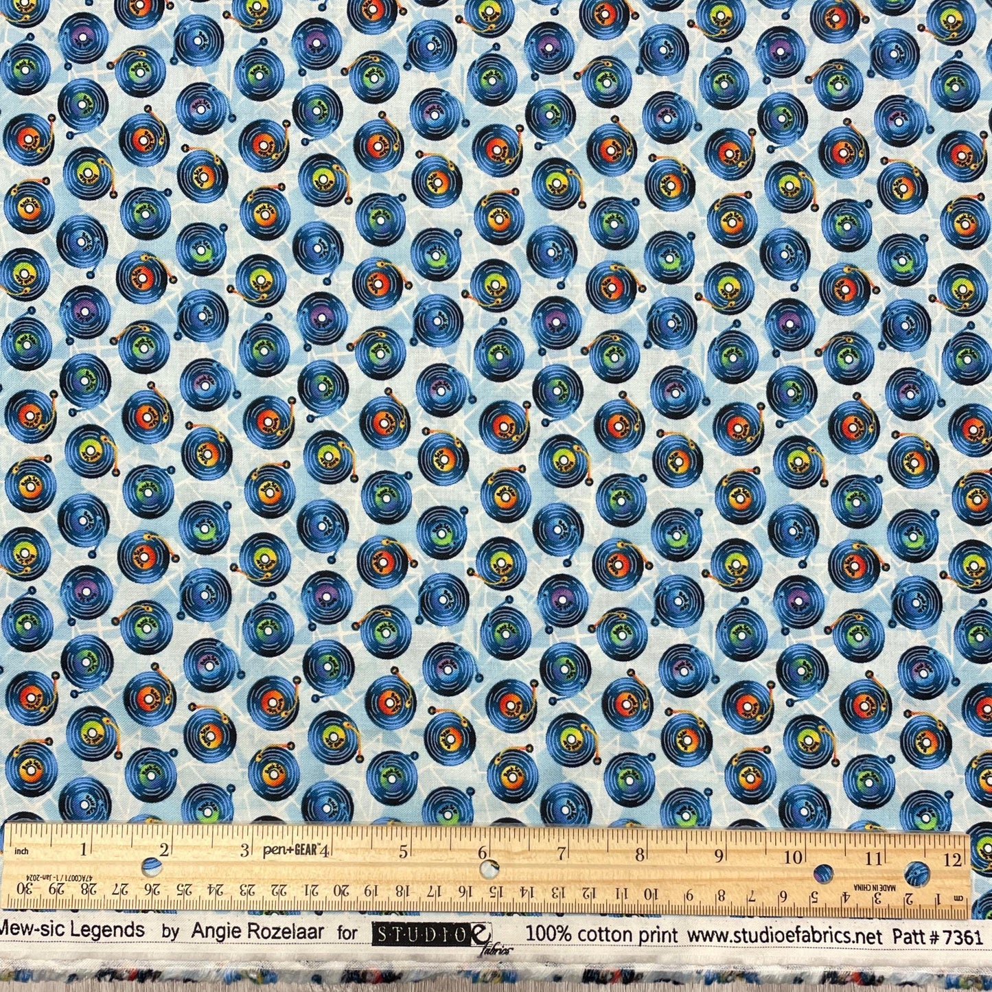 Vinyl Record Fabric - 7361-17 Blue - Mew-sic Legends by StudioE - Multicolor record print by the yard - musician LPs Albums 50s 60s 70s 80s