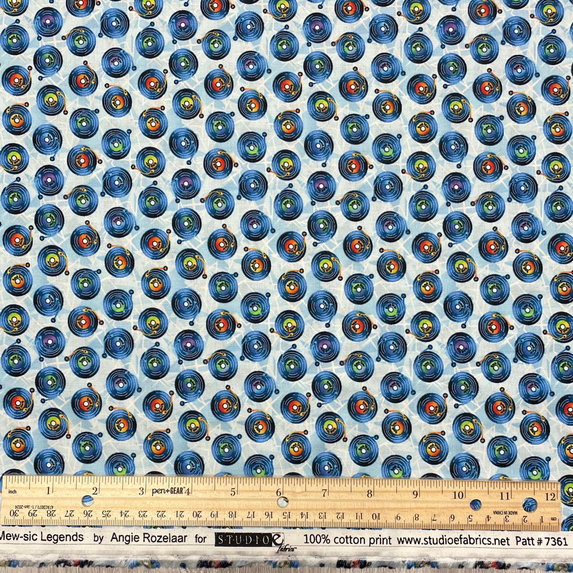 Vinyl Record Fabric - 7361-17 Blue - Mew-sic Legends by StudioE - Multicolor record print by the yard - musician LPs Albums 50s 60s 70s 80s