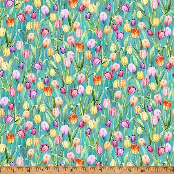 Easter Tulip Fabric - Hoffman Fabrics - 100% Cotton - Easter Wonder - Tulips Teal W5429-21