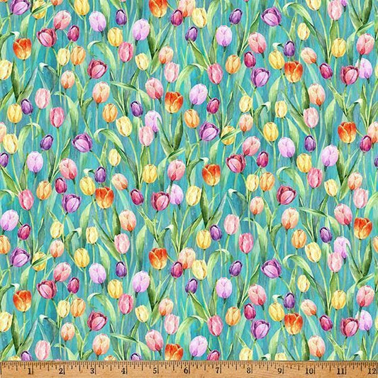 Easter Tulip Fabric - Hoffman Fabrics - 100% Cotton - Easter Wonder - Tulips Teal W5429-21