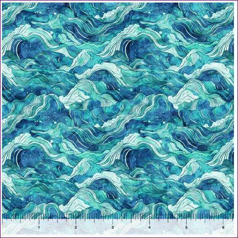 Wave Fabric - Turquoise - QT Fabrics - 100% Cotton - Atlantis Collection - Ocean Water