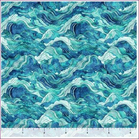 Wave Fabric - Turquoise - QT Fabrics - 100% Cotton - Atlantis Collection - Ocean Water