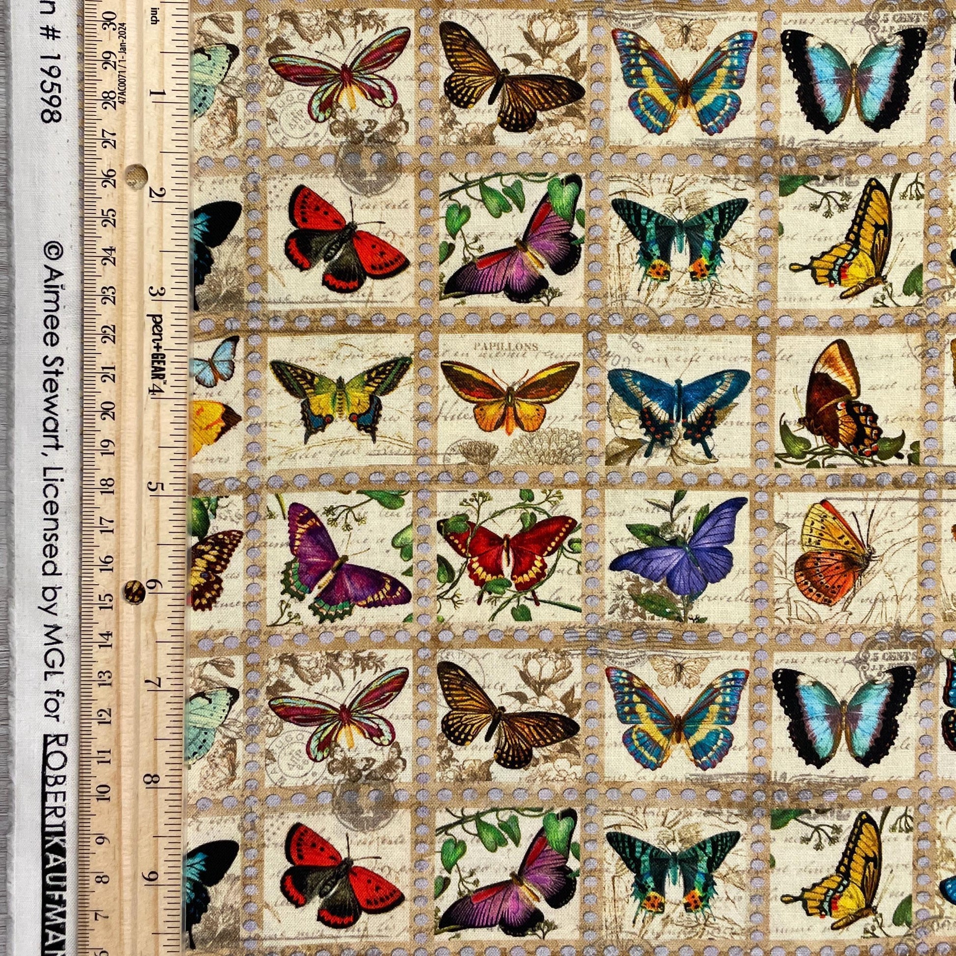 Butterfly Stamp Fabric - Robert Kaufman Library of Rarities - 100% Cotton - ATXD-19598-200 VINTAGE