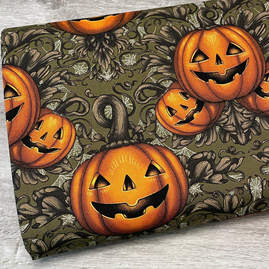Halloween Fabric - Pumpkin Damask - Olive - 100% Cotton - FreeSpirit - Mystic Moonlight by Rachel Hauer