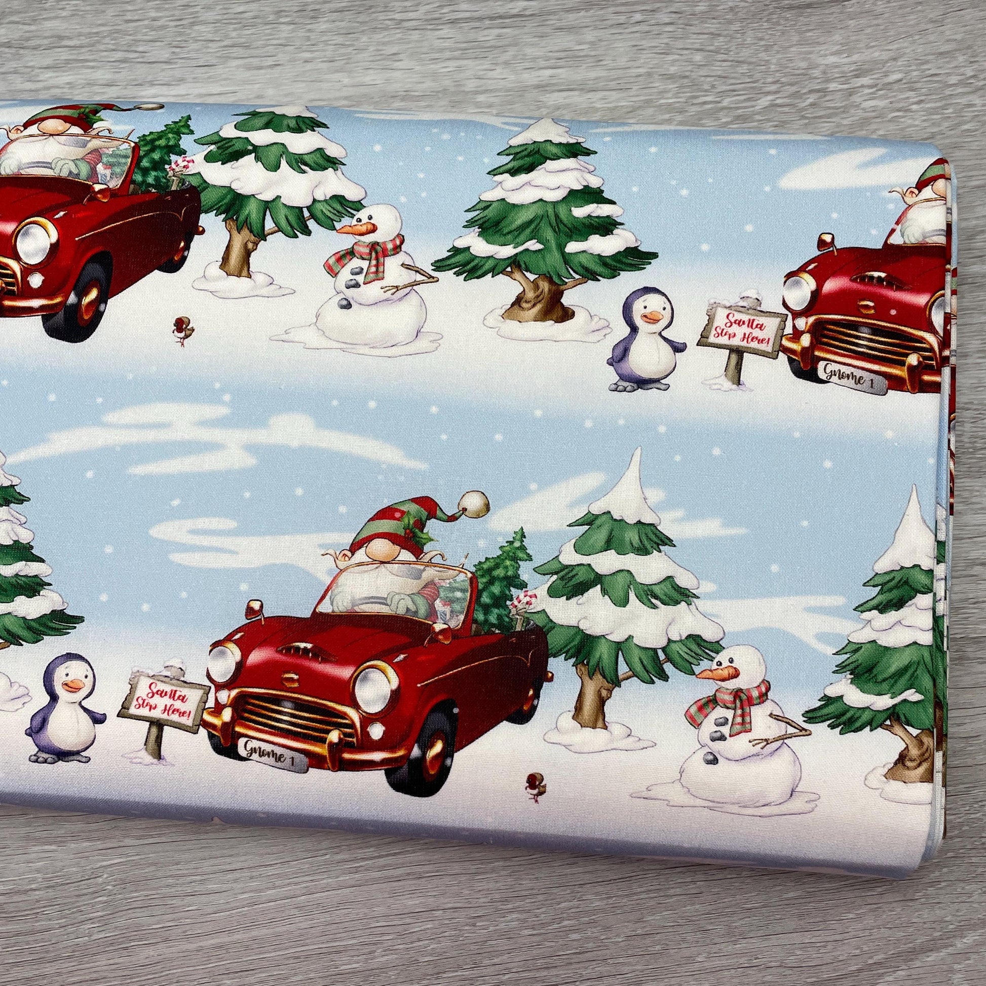 Driving Gnome Fabric - Driving Home for Christmas - Craft Cotton Company - 100% cotton fabric