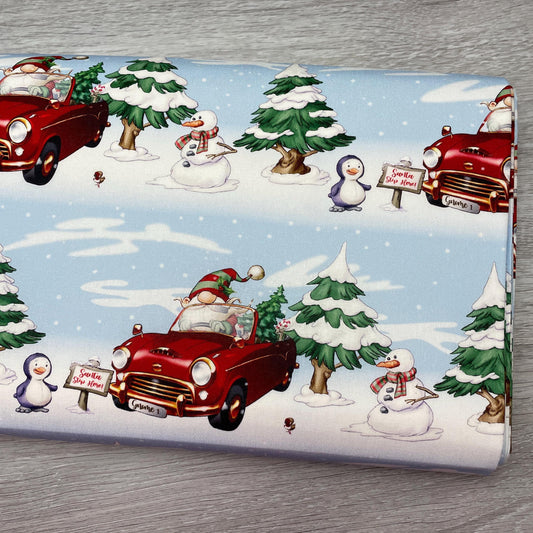 Driving Gnome Fabric - Driving Home for Christmas - Craft Cotton Company - 100% cotton fabric