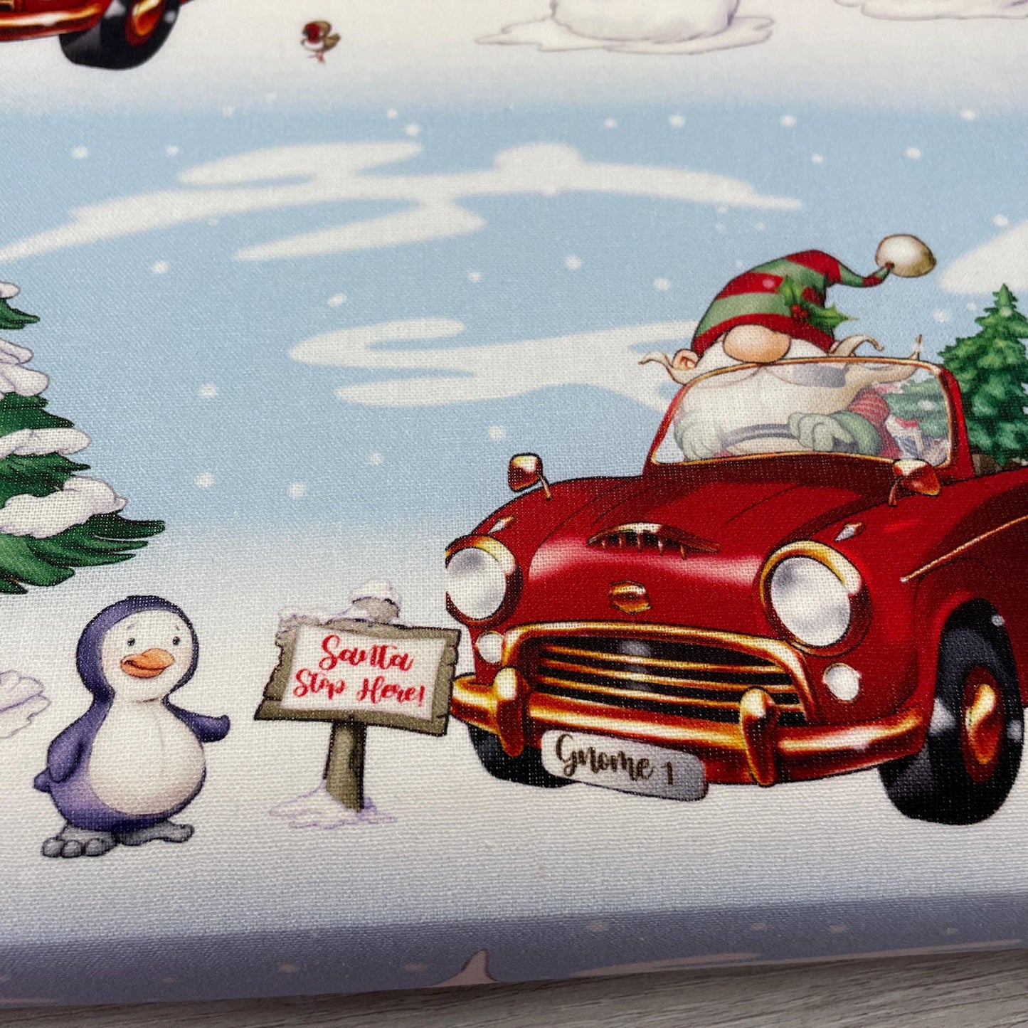 Driving Gnome Fabric - Driving Home for Christmas - Craft Cotton Company - 100% cotton fabric