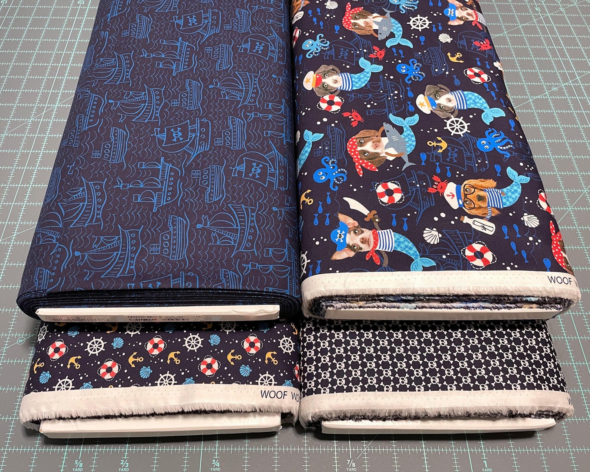 Dog Fabric - Pirate Fabric - Nautical Fabric - Michael Miller Woof Woof Pirates Collection - 100% Cotton - Ships Skulls - SHIPS NEXT DAY