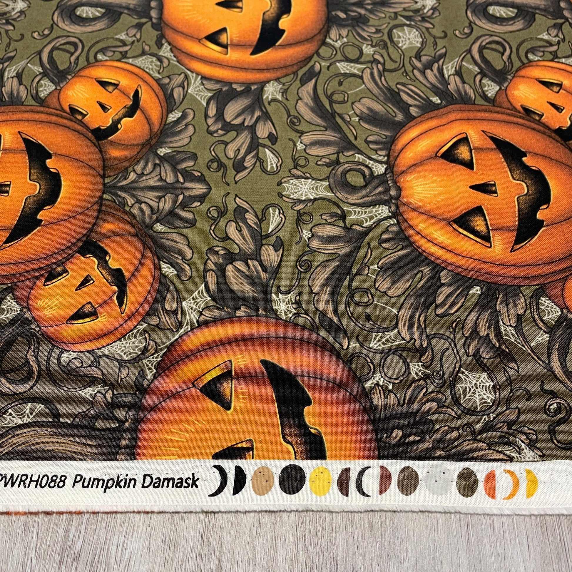 Halloween Fabric - Pumpkin Damask - Olive - 100% Cotton - FreeSpirit - Mystic Moonlight by Rachel Hauer