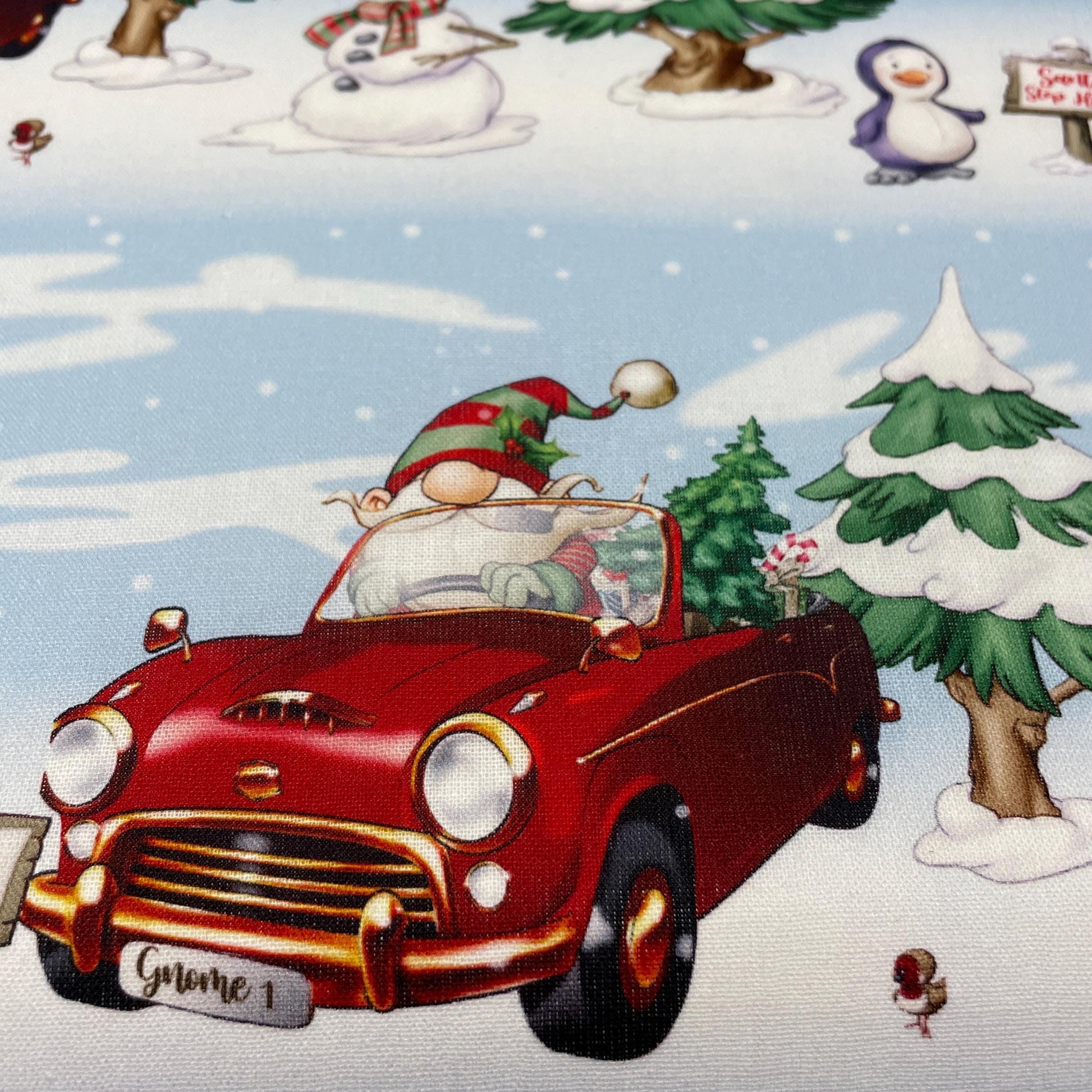 Driving Gnome Fabric - Driving Home for Christmas - Craft Cotton Company - 100% cotton fabric