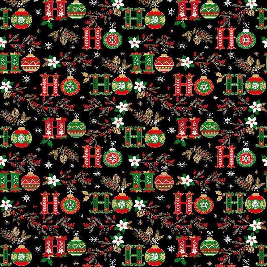HoHo Text Fabric - METALLIC - Christmas Magic - Timeless Treasures