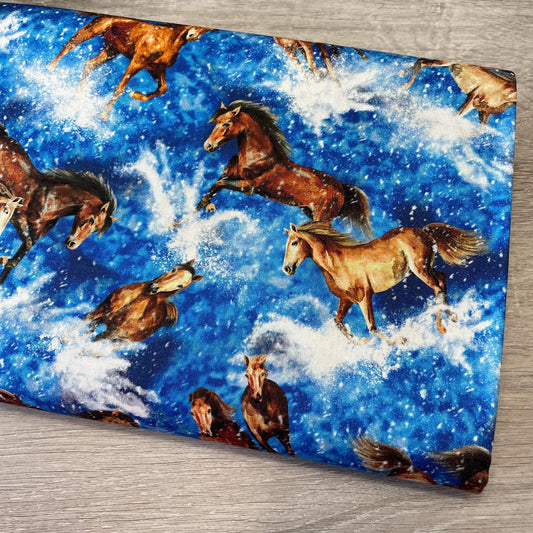 Horse Fabric - Tossed Horses Blue 596421 - Oasis Fabric - 100% Cotton