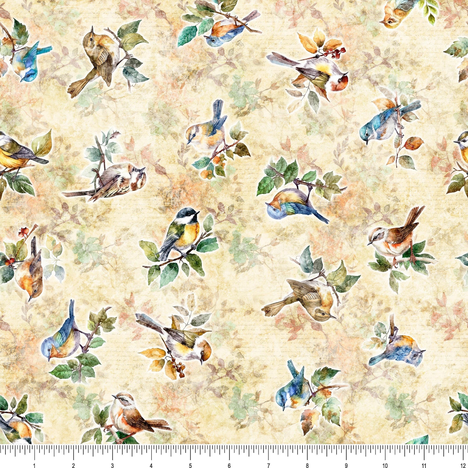 Floral Bird Fabric - Birdsong Collection - QT Fabrics - 100% Cotton - Tan 2600-30279-A