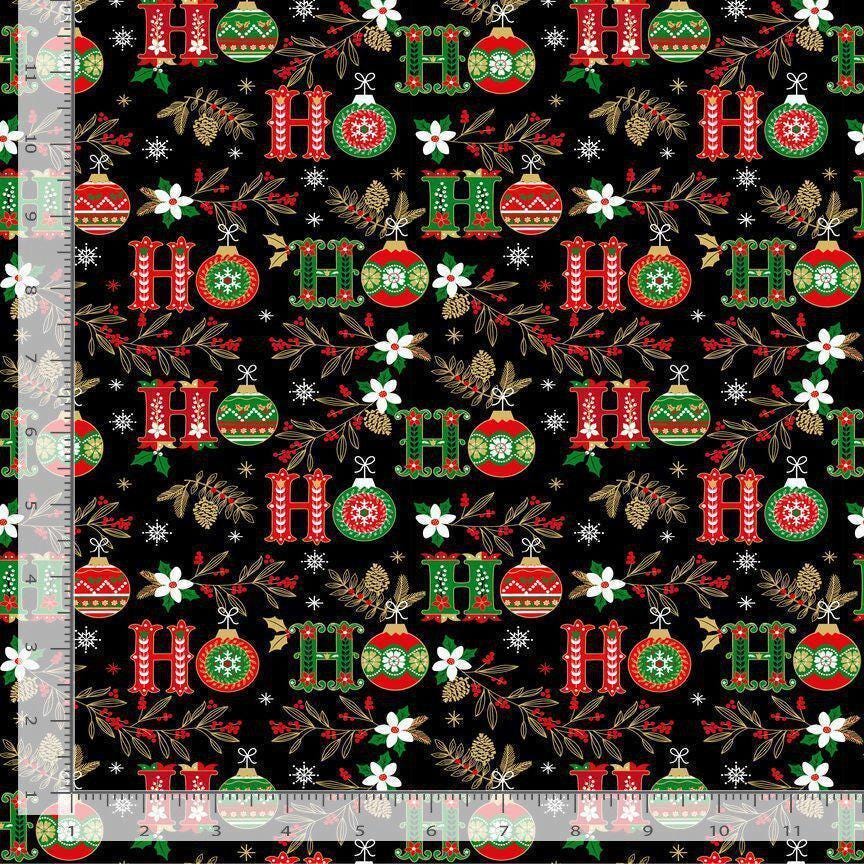 HoHo Text Fabric - METALLIC - Christmas Magic - Timeless Treasures