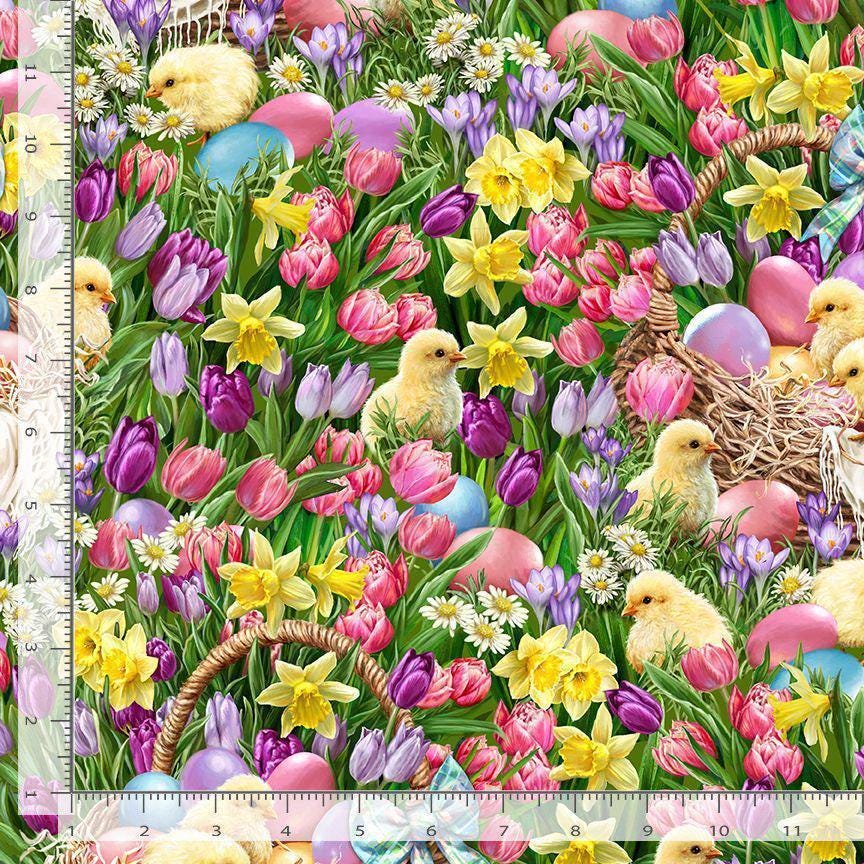 Easter Garden Fabric - Timeless Treasures - 100% Cotton - Chicks in spring flowers