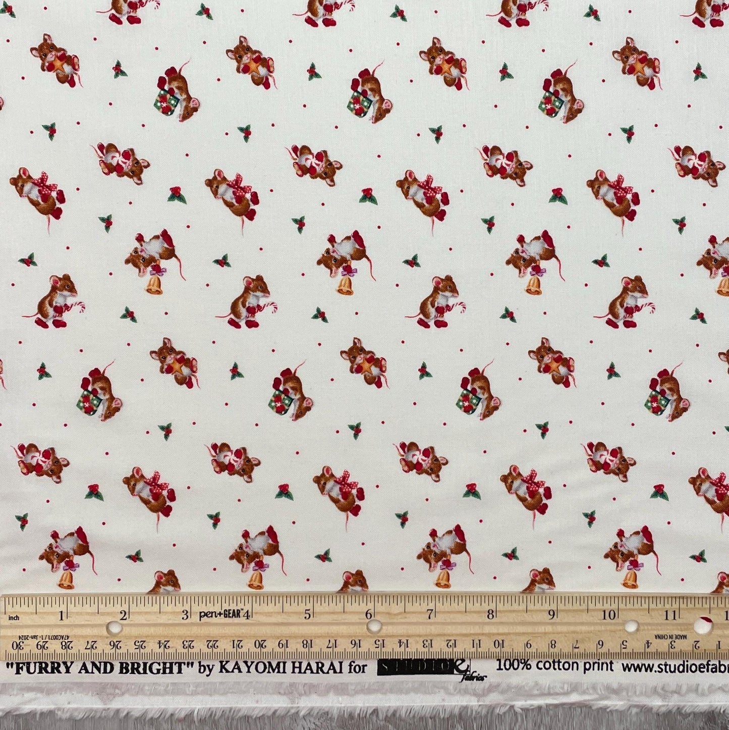 Christmas Mice Fabric - Mice with Red Boots - Furry and Bright
