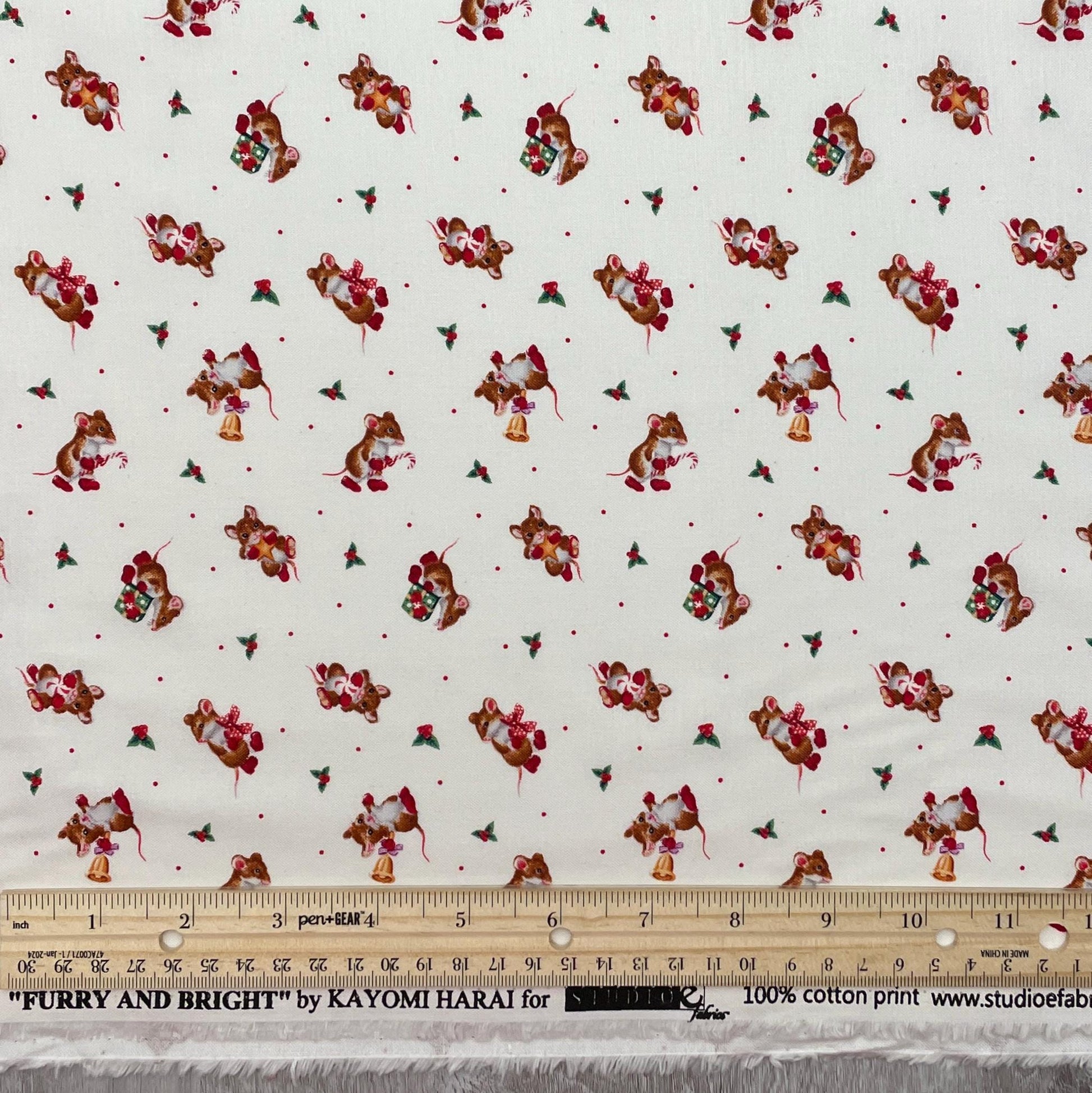 Christmas Mice Fabric - Mice with Red Boots - Furry and Bright