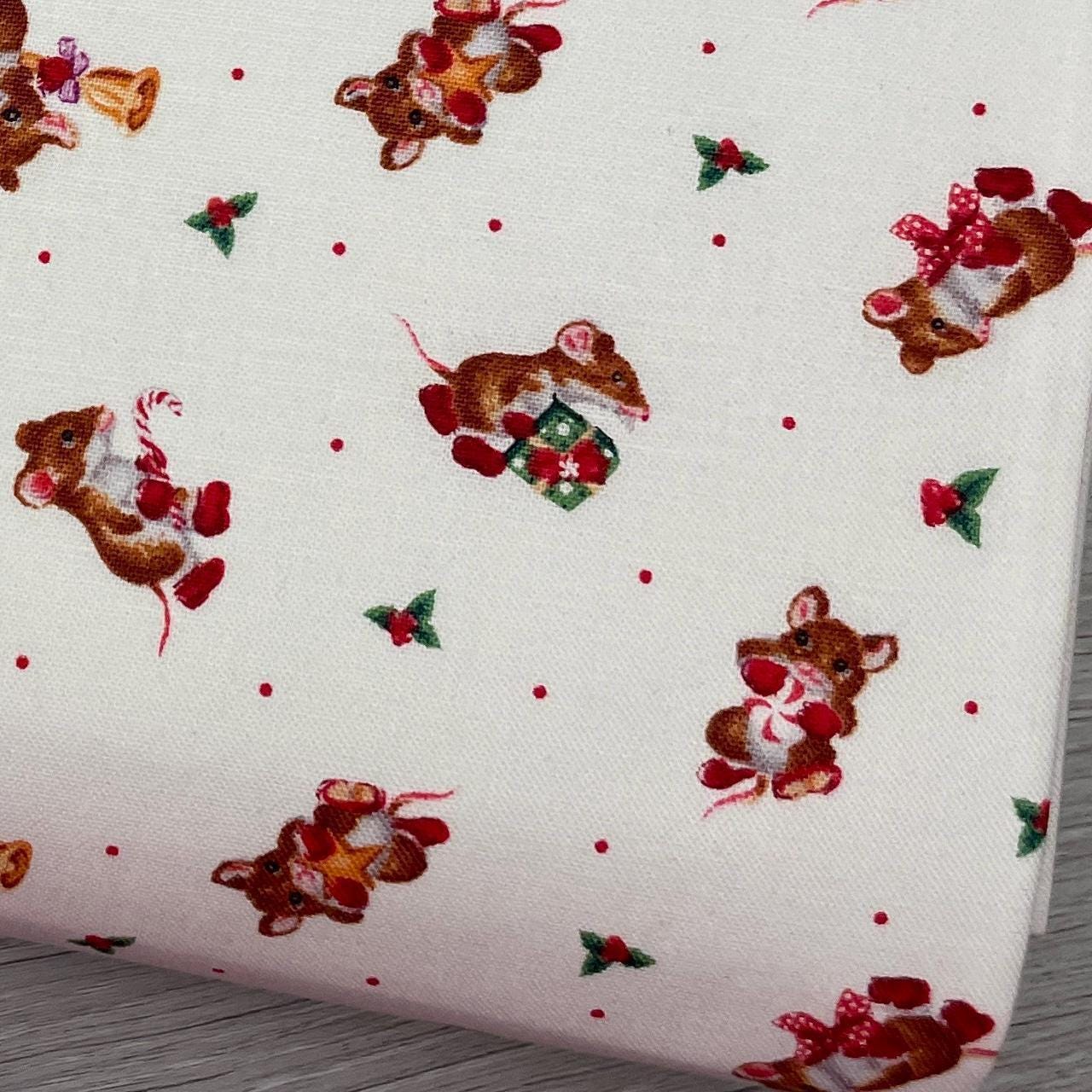 Christmas Mice Fabric - Mice with Red Boots - Furry and Bright