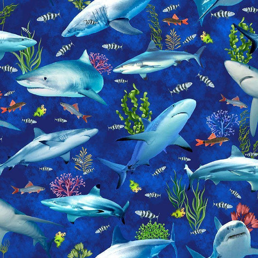 Shark Fabric - SEA-CD3132 DEEP - Timeless Treasures - 100% Cotton - Beach Print Sea Life Scuba Diving Reef Shark & Fishes