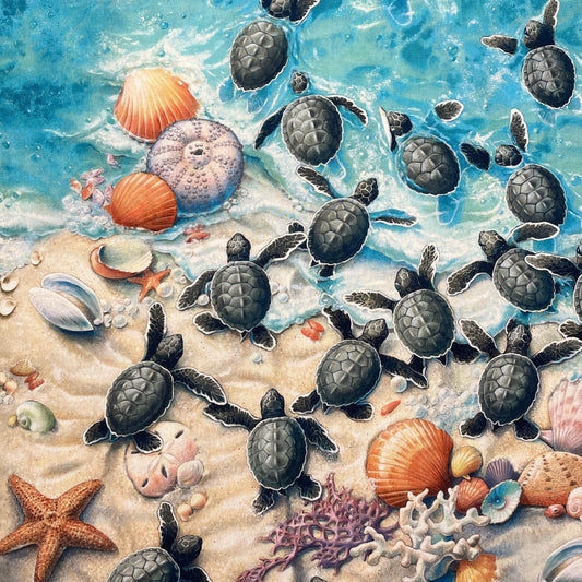 Baby Sea Turtle Panel 24" x 44" - Elizabeth's Studio - 100% Cotton fabric - Race to Safety
