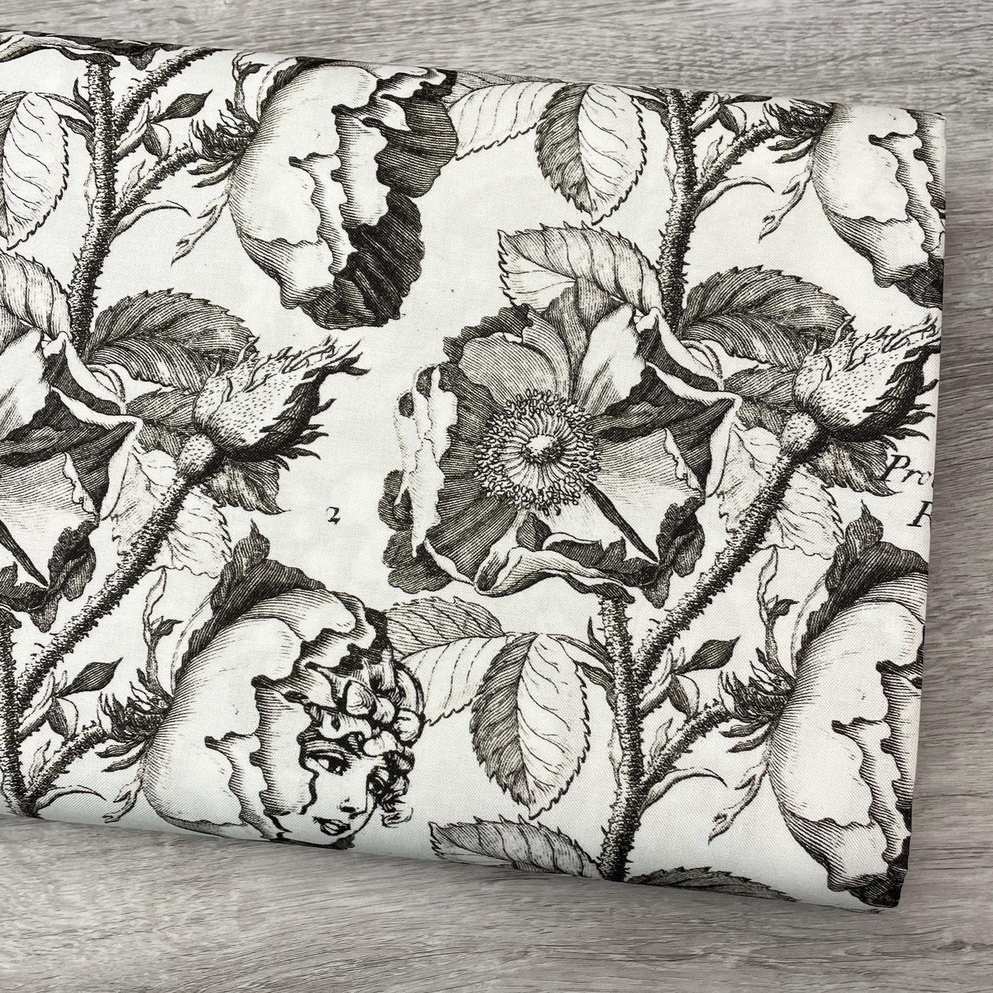 Black and white floral fabric - Queen's Living Garden