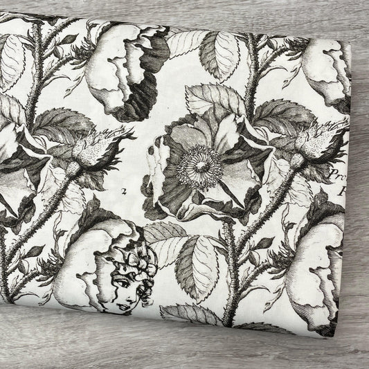 Black and white floral fabric - Queen's Living Garden