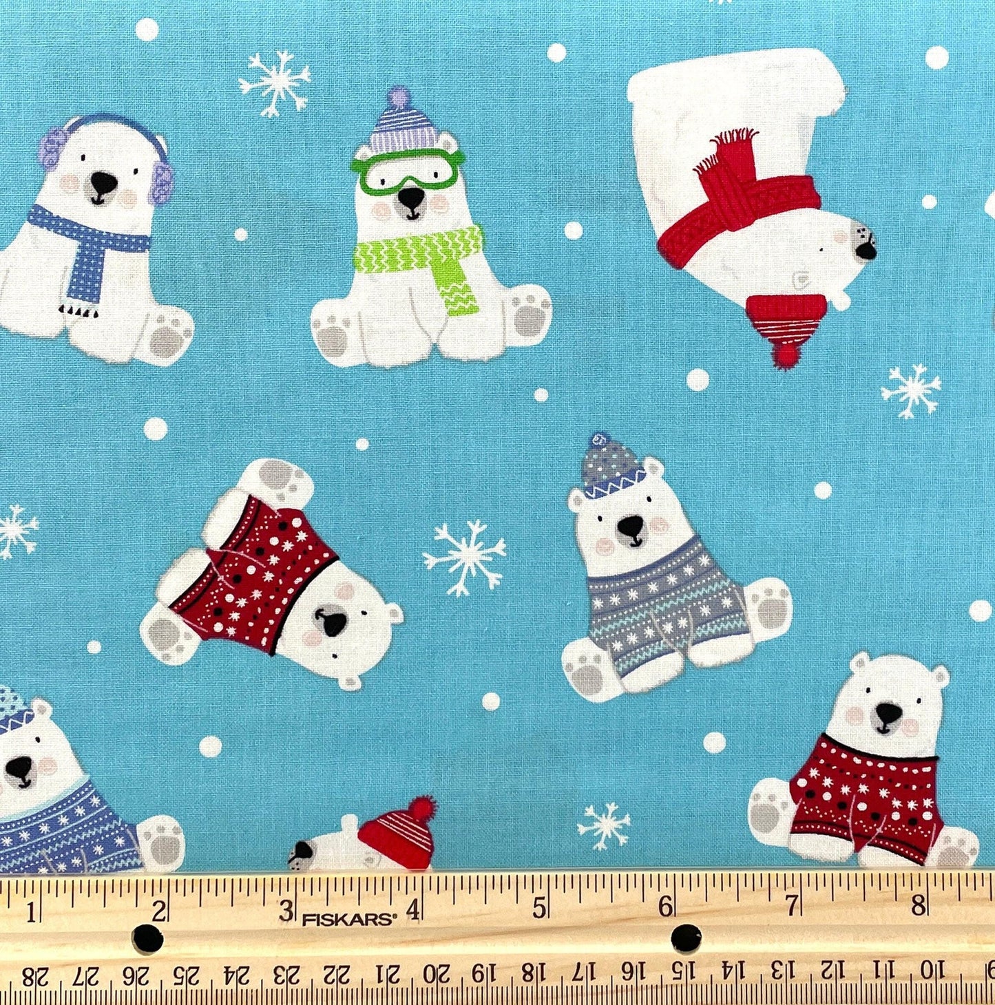 Polar Bear Express in Turquoise by Kanvas Studio - 100% cotton fabric - Christmas Winter Holiday Polar Bears in Sweaters - SHIPS NEXT DAY