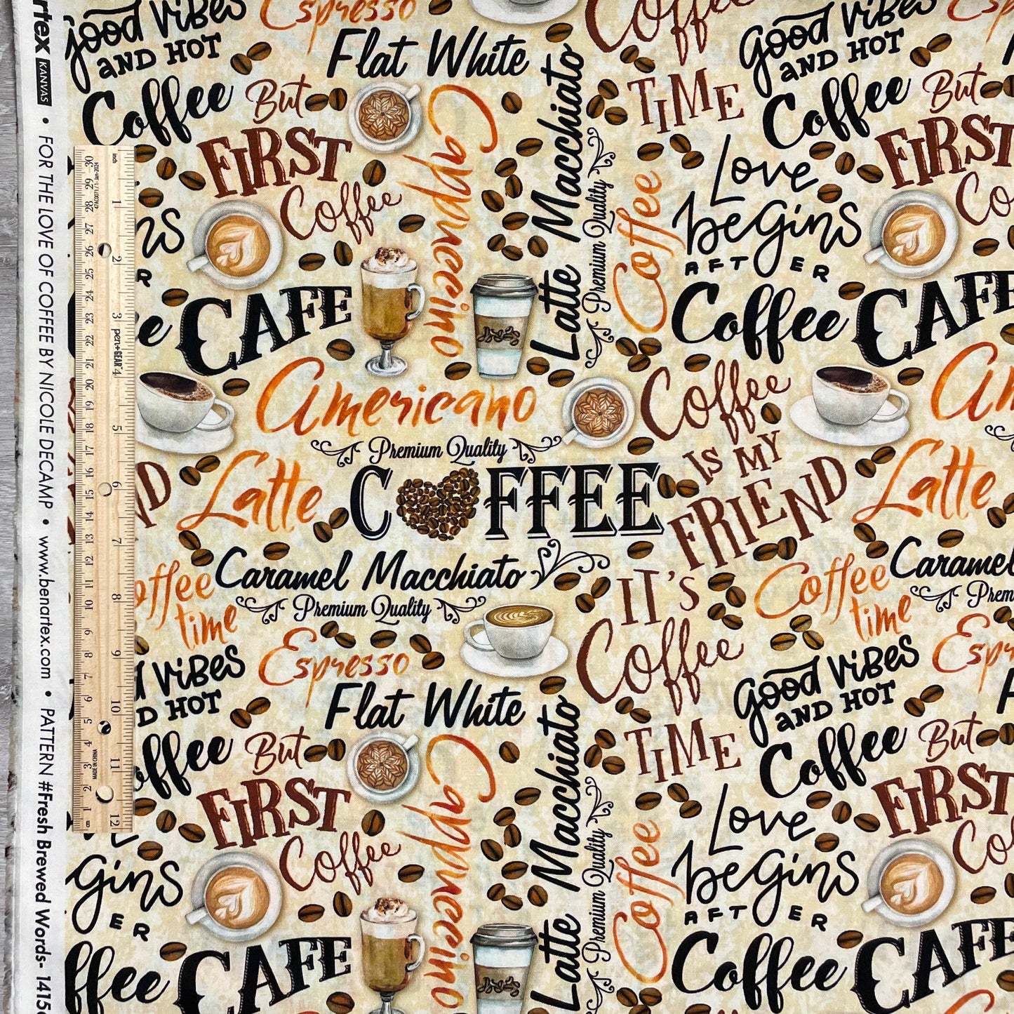 Coffee fabric - Fresh Brewed Words Cream by Benartex - 100% Cotton - Cafe theme Americano Latte Mocha Hot Coffee Quilting Cotton