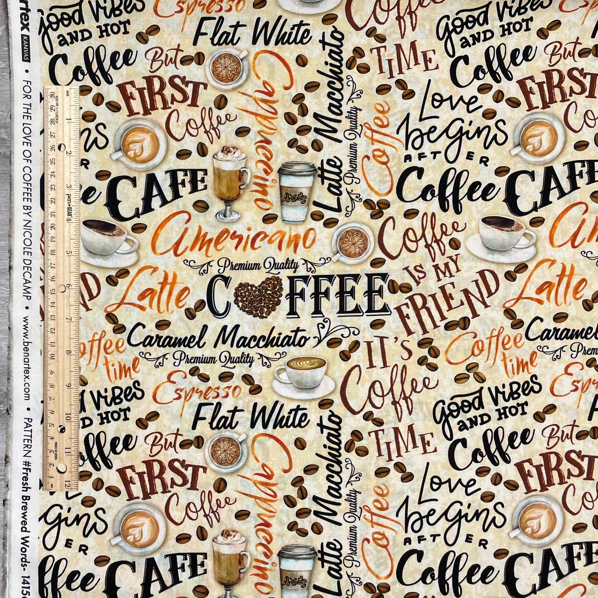 Coffee fabric - Fresh Brewed Words Cream by Benartex - 100% Cotton - Cafe theme Americano Latte Mocha Hot Coffee Quilting Cotton