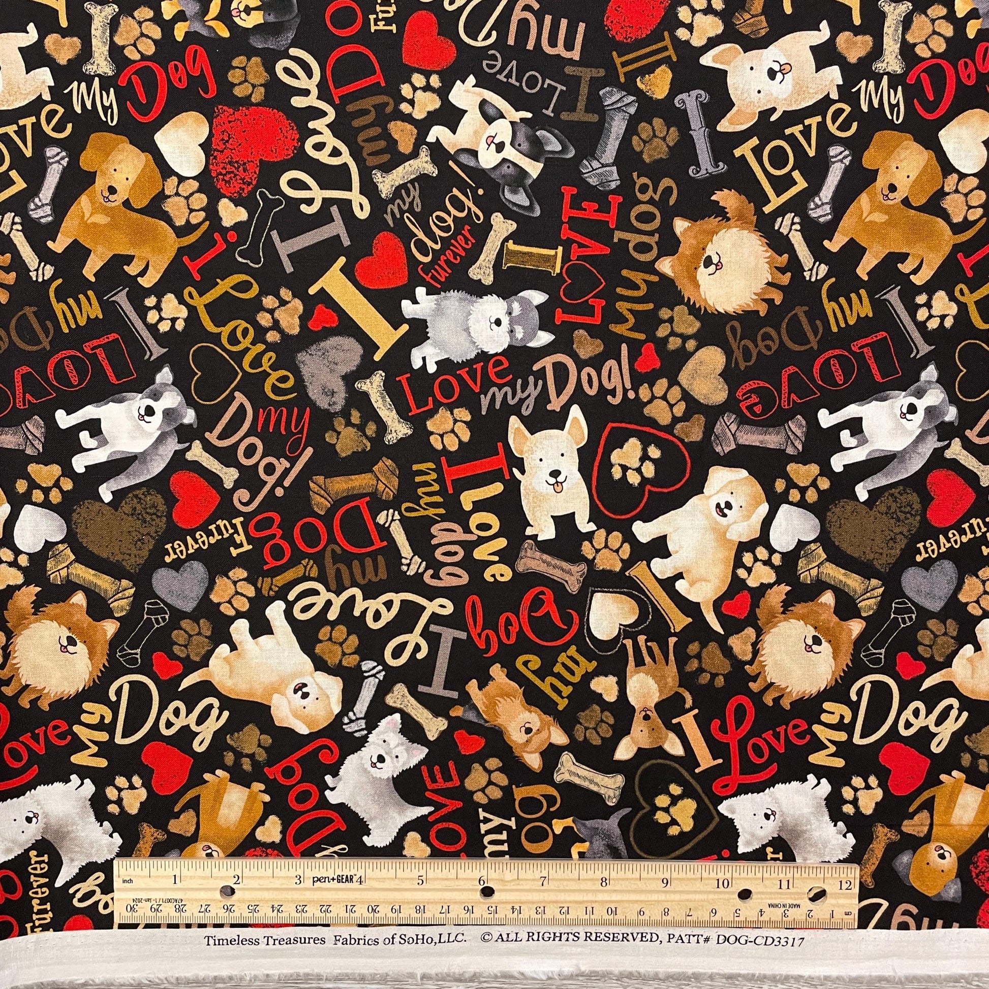 Tossed Dogs & Words - Happiness Has Paws - Timeless Treasures - 100% Cotton - I love my dog