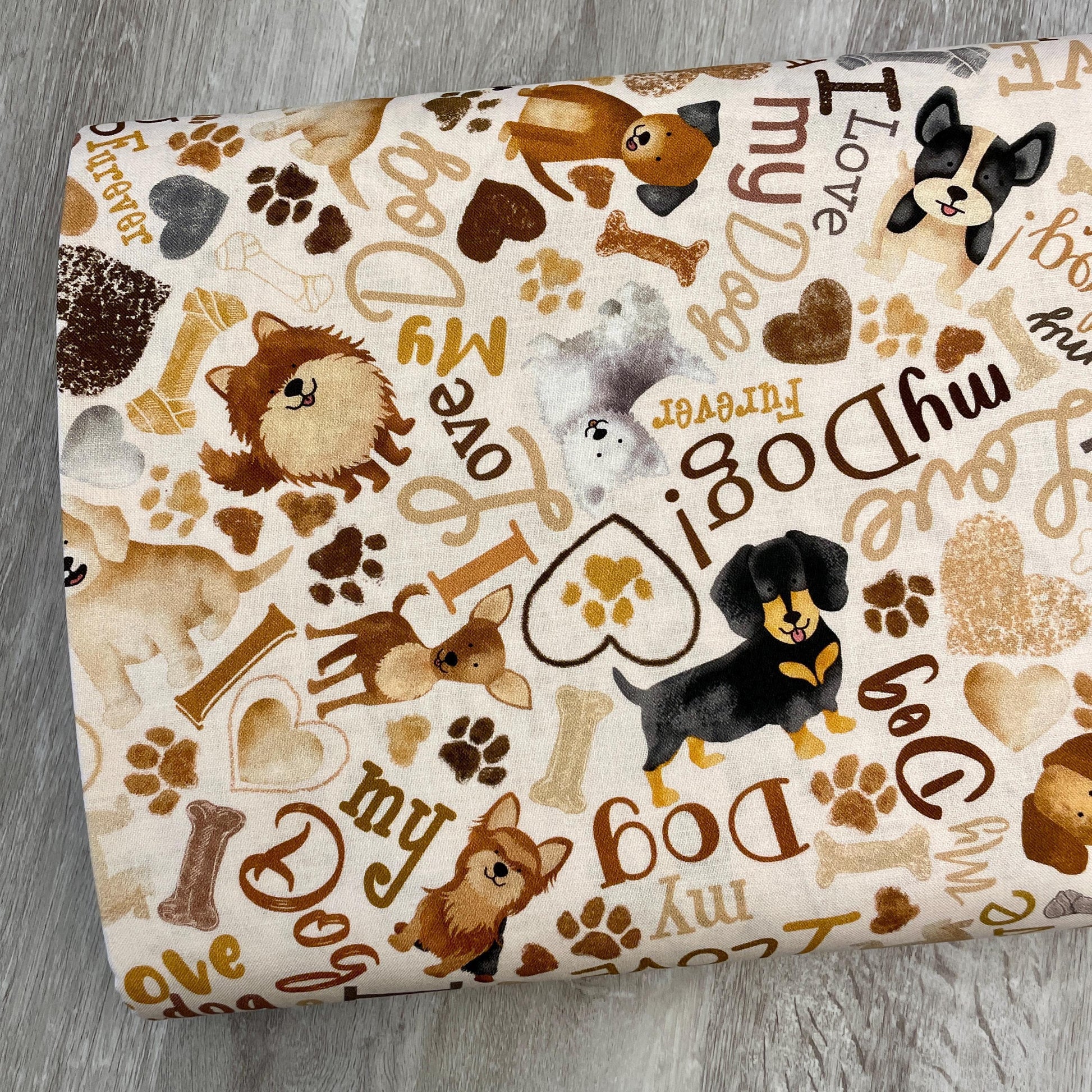 Tossed Dogs & Words - Happiness Has Paws - Timeless Treasures - 100% Cotton - I love my dog